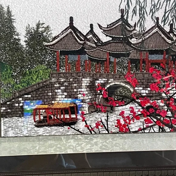 Vintage Oriental Asian Art Silk Thread Embroidery Needlework River Temple 22x 18